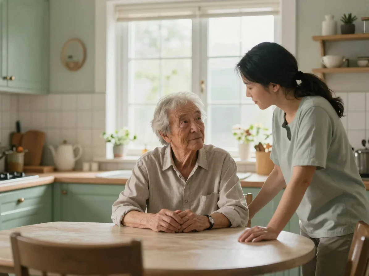 Editorial photograph of a caregiver and an older adult sharing a quiet moment at a sunlit kitchen table, soft window day